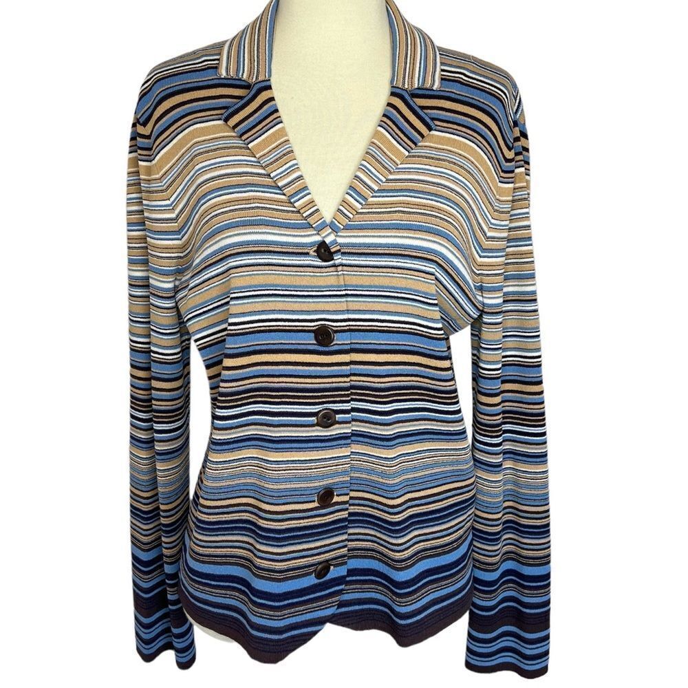Vintage Jones New York Cardigan Sweater Button Front Size M Striped Blues Tan - Picture 3 of 10
